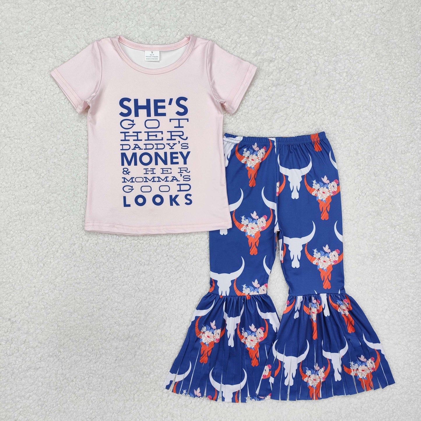 GSPO1720 SHE'S got Western pink short sleeve cow navy blue tassels pants girls set