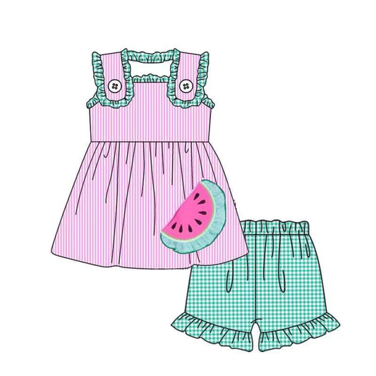 custom S watermelon hot pink striped sleeveless green checkered shorts girls set