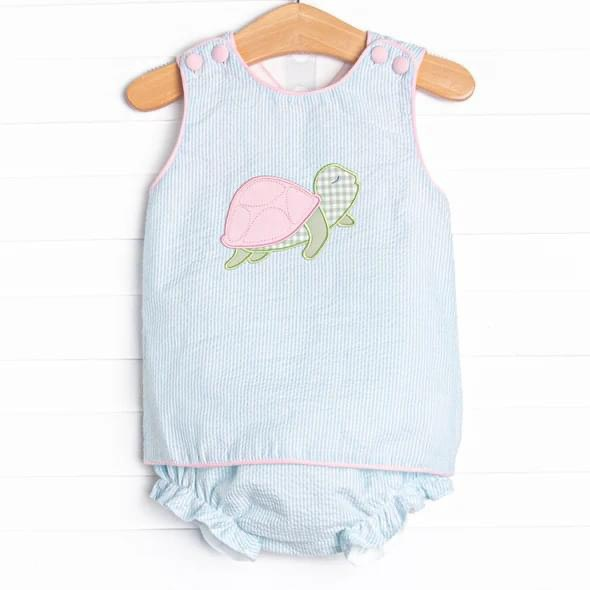 custom S pink tortoise blue striped sleeveless girls bummies set
