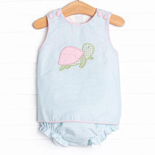 custom S pink tortoise blue striped sleeveless girls bummies set