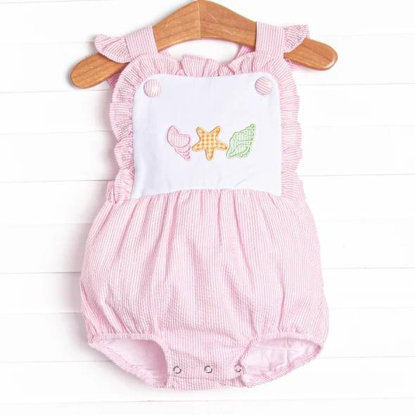 custom S cute starfish conch pink striped flutter sleeve girls romper