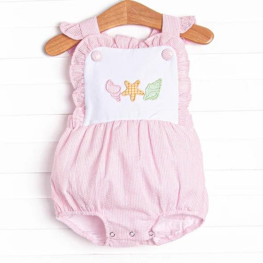 custom S cute starfish conch pink striped flutter sleeve girls romper