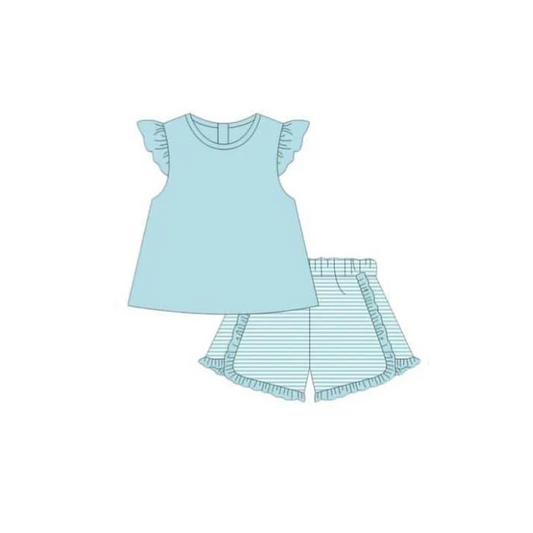 custom S pure blue flutter sleeve blue striped shorts girls set
