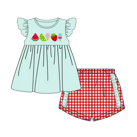 custom S watermelon ice fruit blue flutter sleeve red checkered shorts girls set