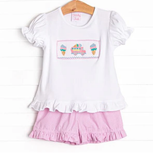 custom S ice car white short sleeve pink shorts girls set