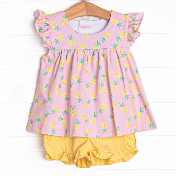 custom S pineapple pink flutter sleeve yellow shorts girls set