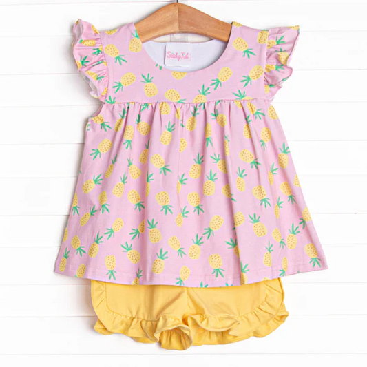 custom S pineapple pink flutter sleeve yellow shorts girls set
