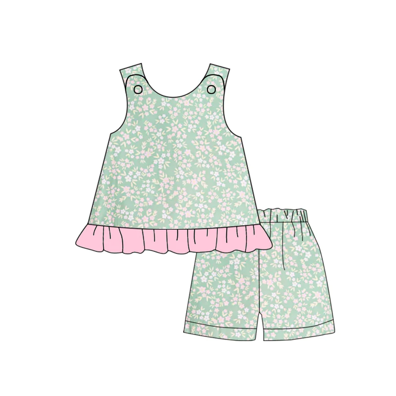 custom S floral cute flowers green sleeveless shorts girls set