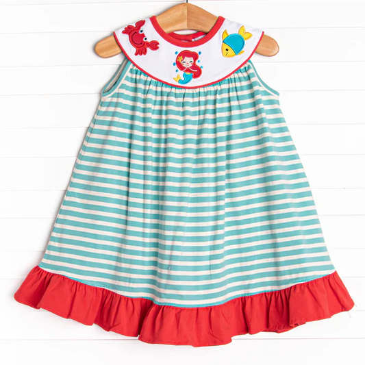 custom S cartoon mermaid crab fish green striped girls dress