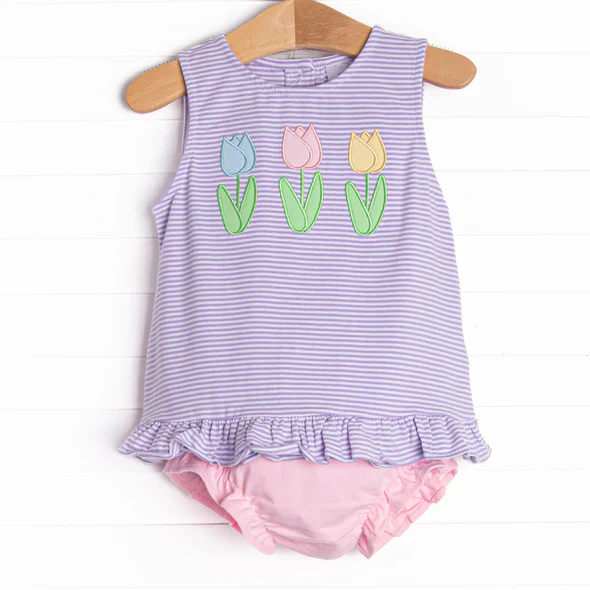 custom S tulip purple striped sleeveless girls bummies set