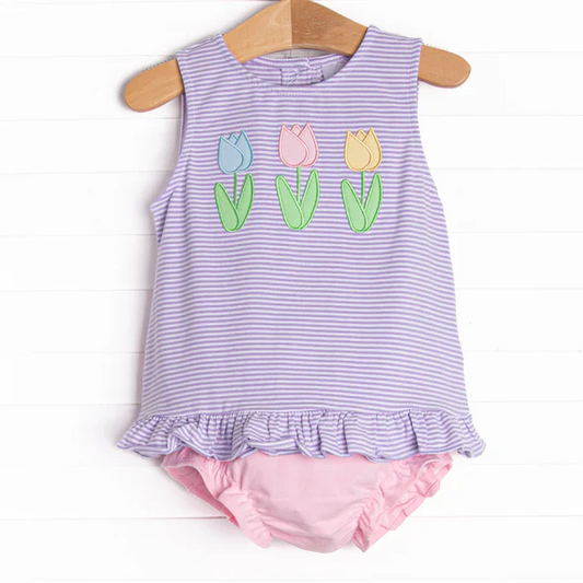 custom S tulip purple striped sleeveless girls bummies set