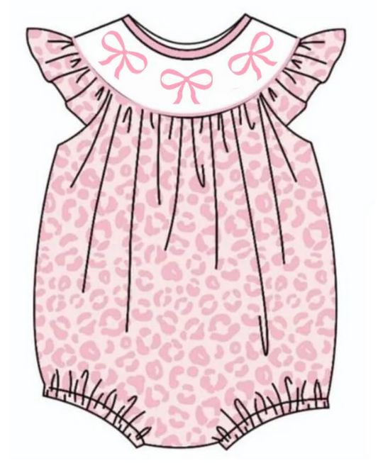 custom S bow pink leopard flutter sleeve girls romper
