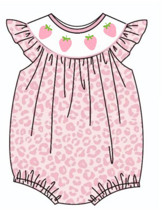 custom S strawberry pink leopard flutter sleeve girls romper