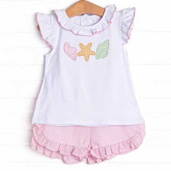 custom S conch starfish white flutter sleeve pink striped shorts girls set