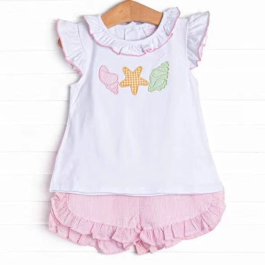 custom S conch starfish white flutter sleeve pink striped shorts girls set