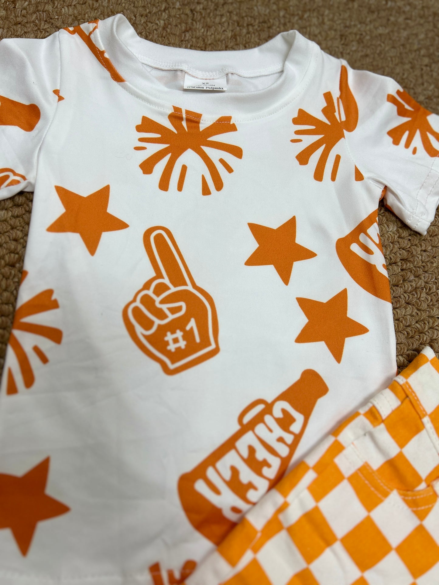 Cheer star orange short sleeve orange checkered jeans girls set