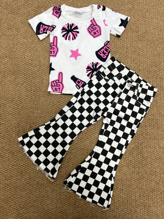 Cheer star hot pink short sleeve black checkered jeans girls set