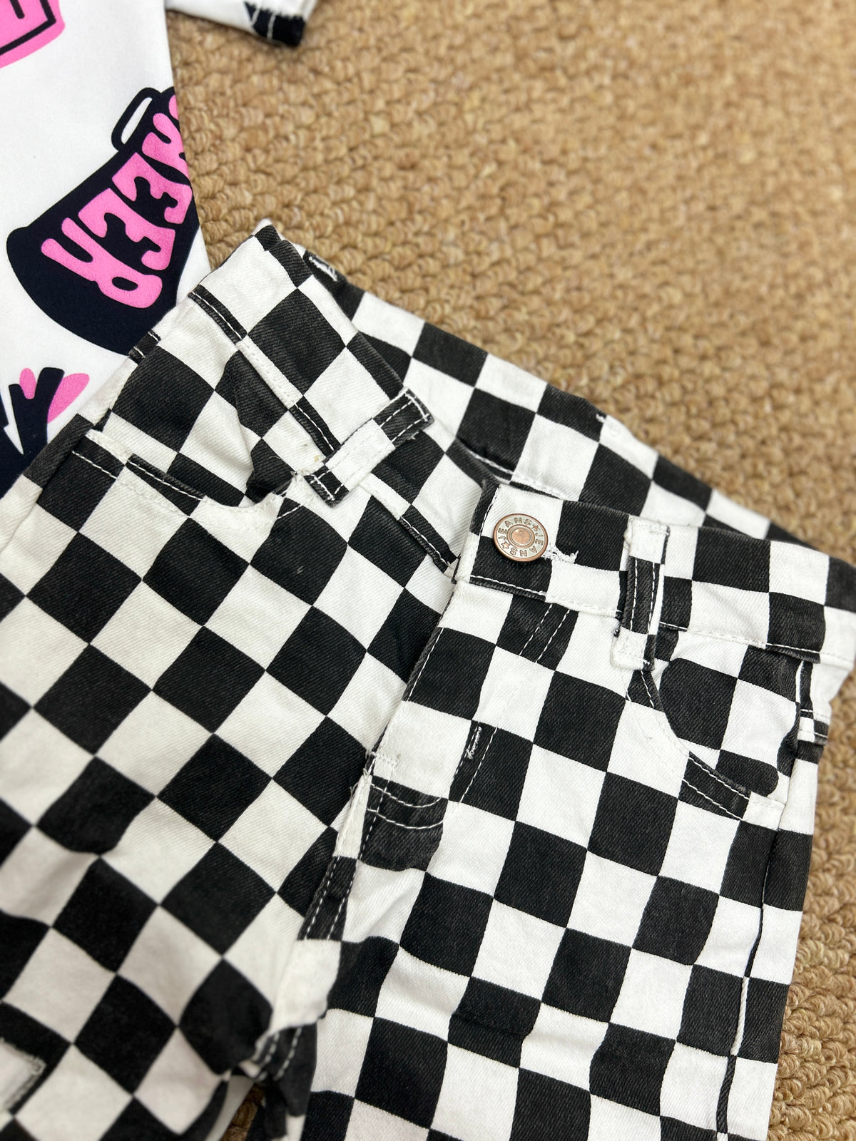 Cheer star hot pink short sleeve black checkered jeans girls set