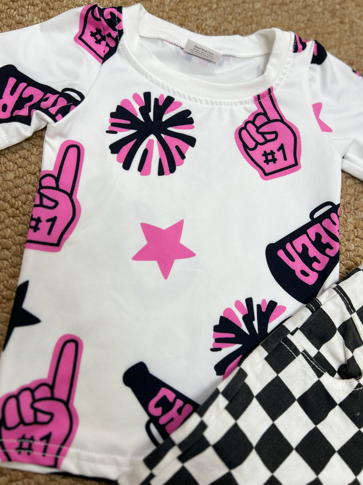 Cheer star hot pink short sleeve black checkered jeans girls set