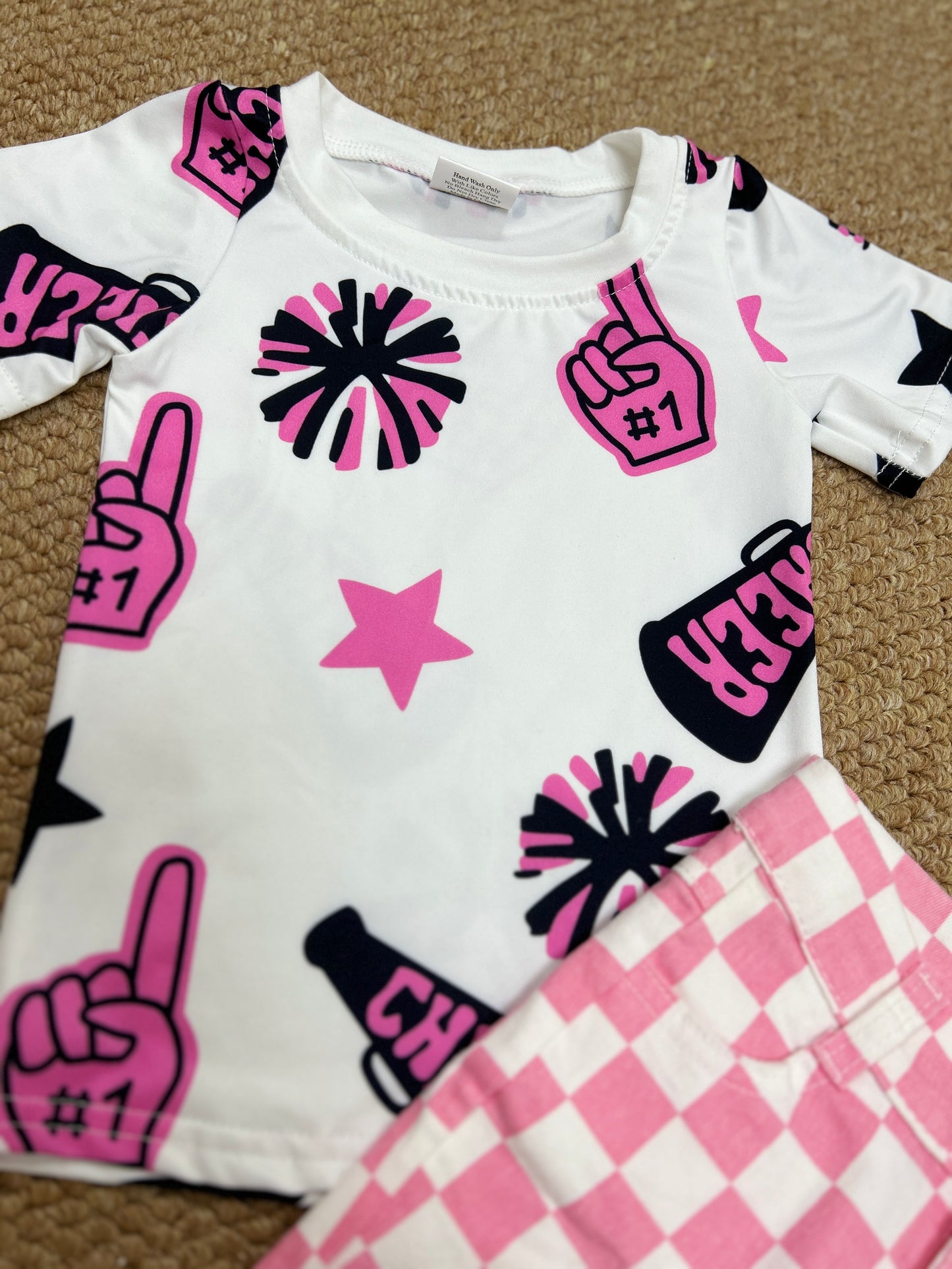 Cheer star hot pink short sleeve pink checkered jeans girls set