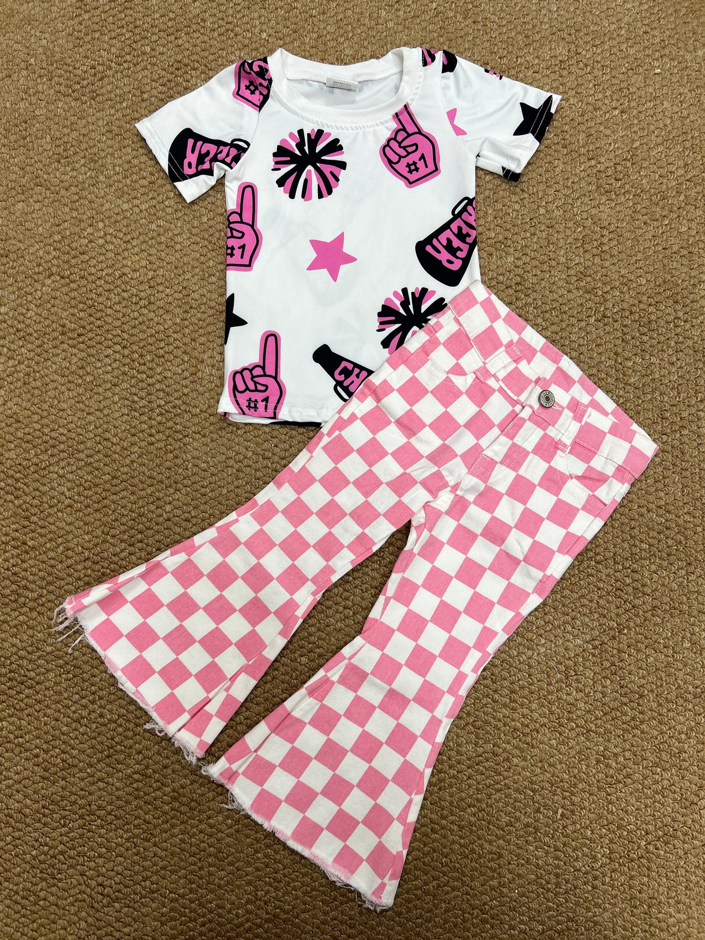 Cheer star hot pink short sleeve pink checkered jeans girls set