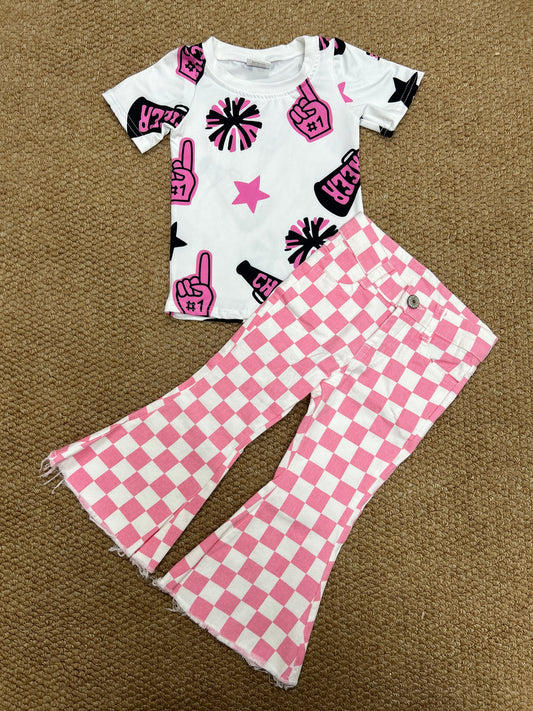 Cheer star hot pink short sleeve pink checkered jeans girls set
