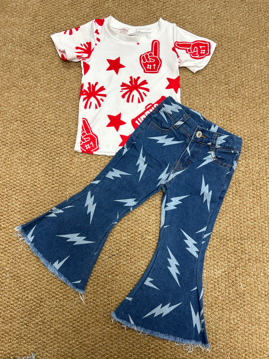 Cheer star red short sleeve blue flash jeans girls set