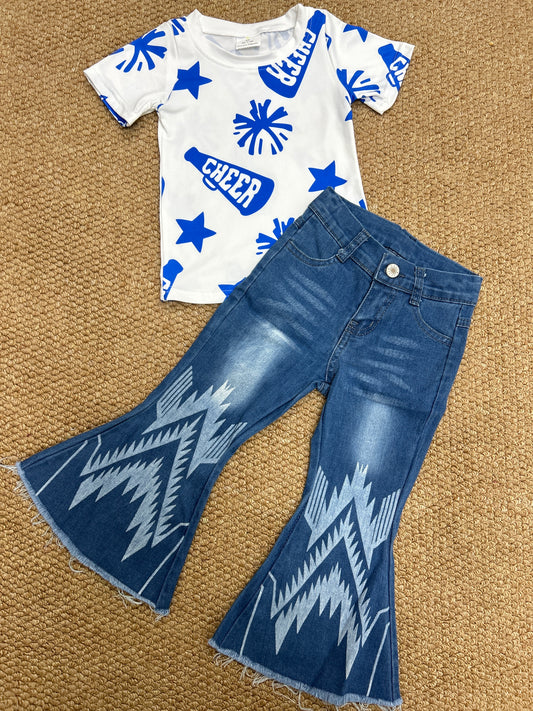 Cheer star blue short sleeve blue Aztec jeans girls set