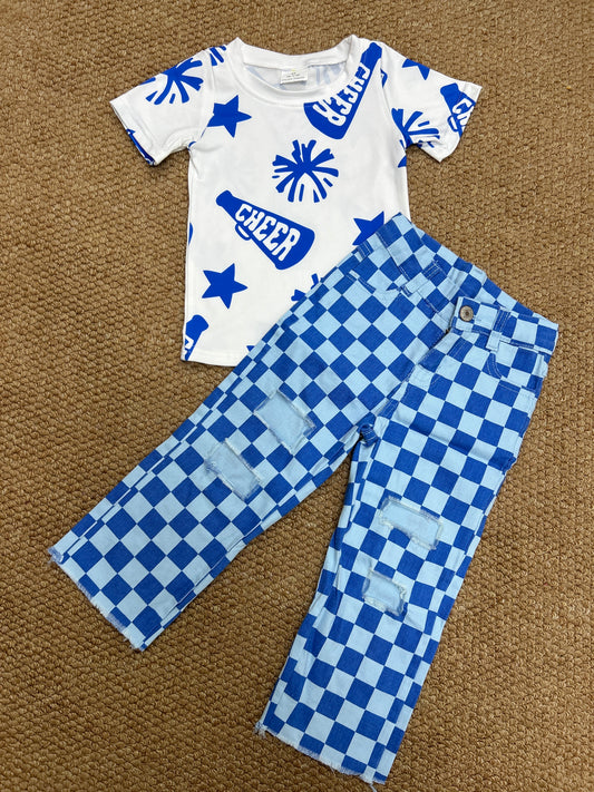 Cheer star blue short sleeve blue checkered hole jeans girls set