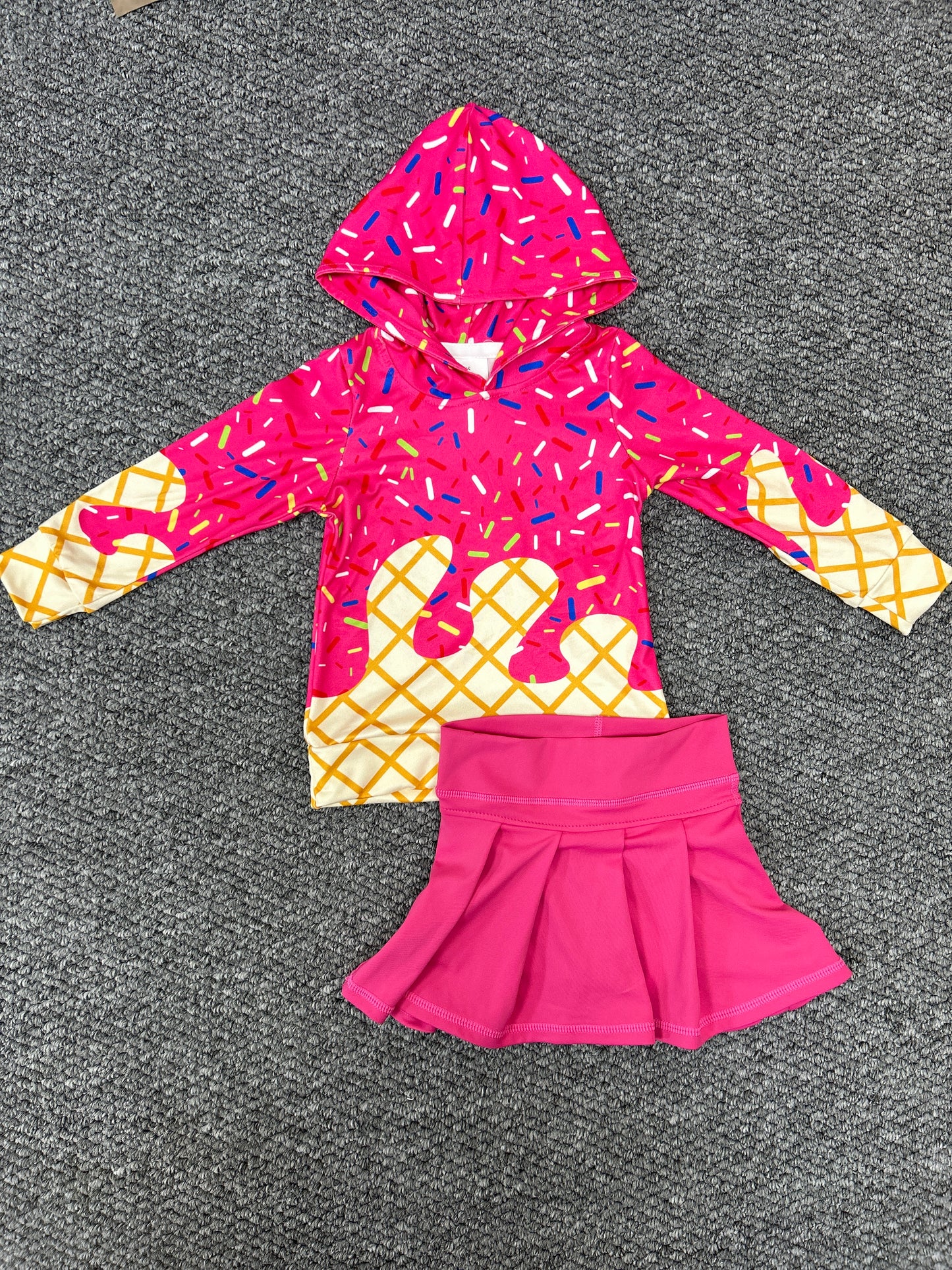 Summer ice hot pink hoodie long sleeve yoga pink skorts skirt girls set