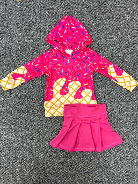 Summer ice hot pink hoodie long sleeve yoga pink skorts skirt girls set