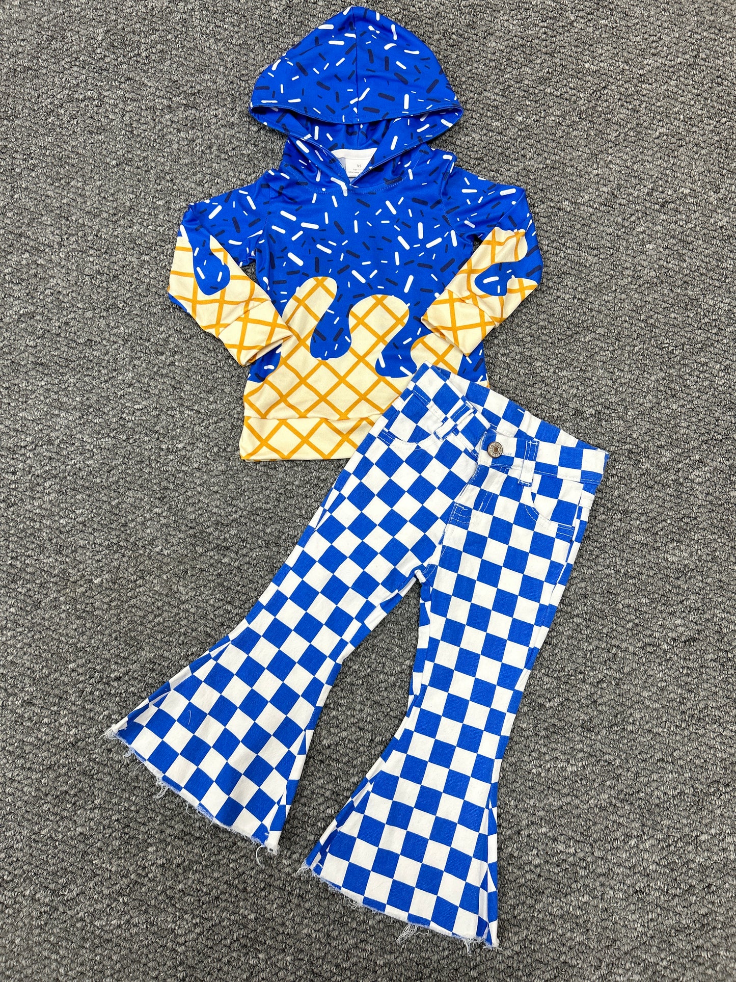 Cheer star dark blue hoodie long sleeve blue checkered jeans girls set