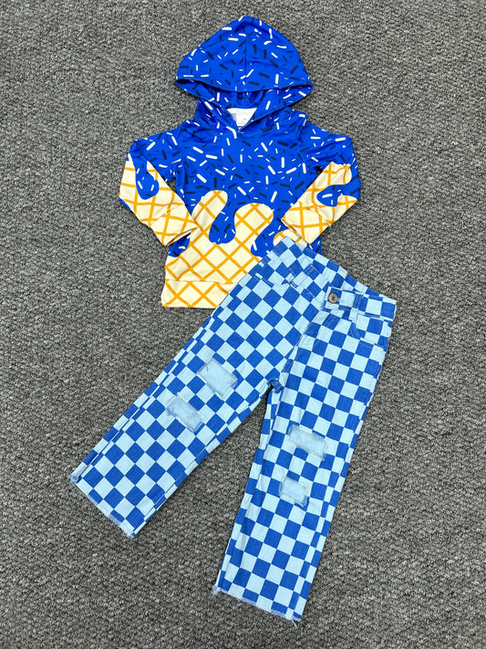 Cheer star dark blue hoodie long sleeve blue checkered hole jeans boys set