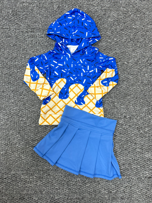 Summer ice dark blue hoodie long sleeve yoga pink skorts skirt girls set