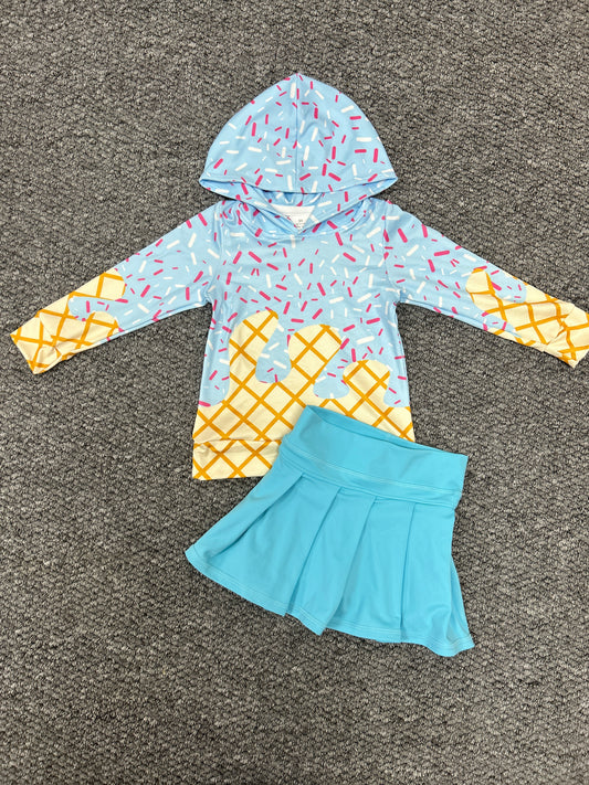 Summer ice light blue hoodie long sleeve yoga light blue skorts skirt girls set