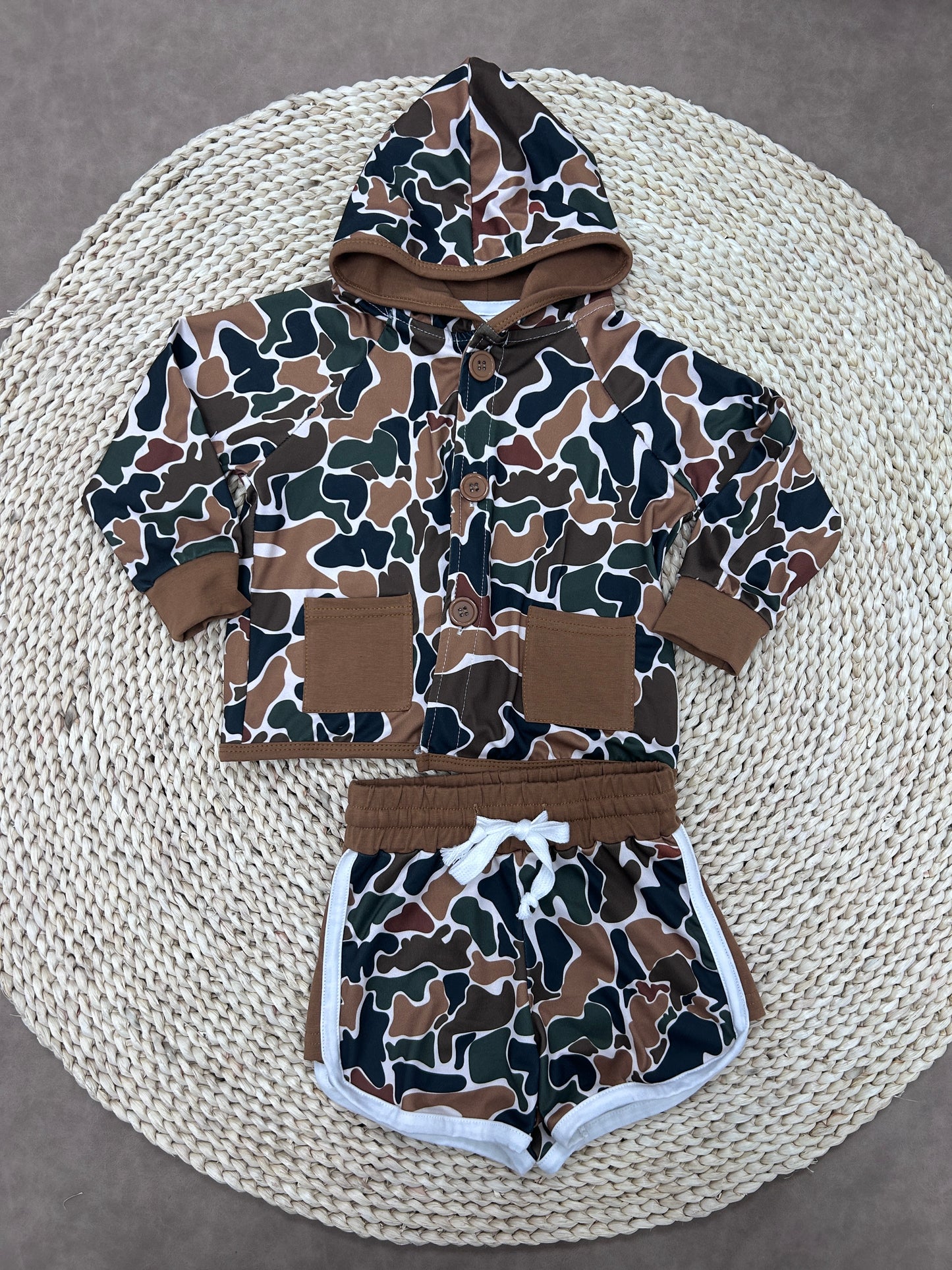 Hunting Camo Pockets Hoodie Coat Camo Shorts Girls Set