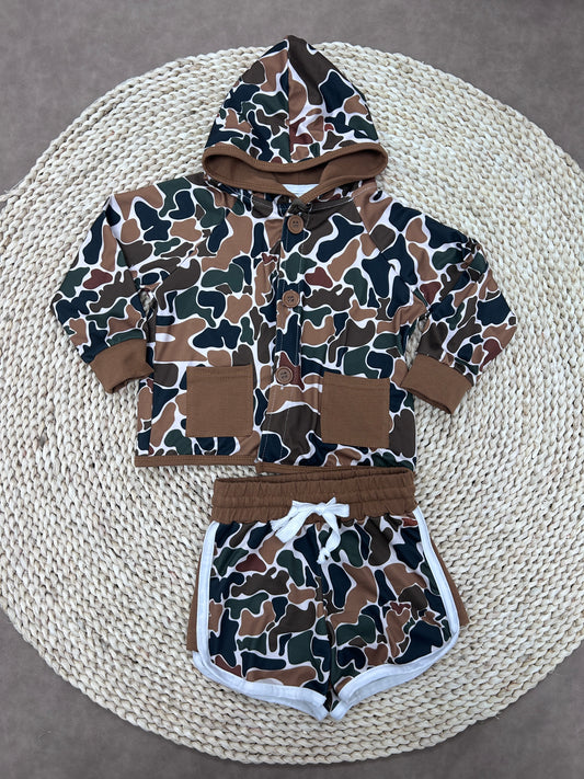 Hunting Camo Pockets Hoodie Coat Camo Shorts Girls Set