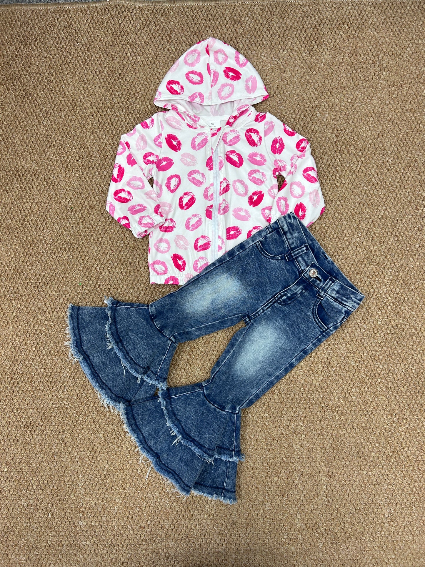 Valentine's Day Lips Zipper Hoodei Coat Jeans Girls Set