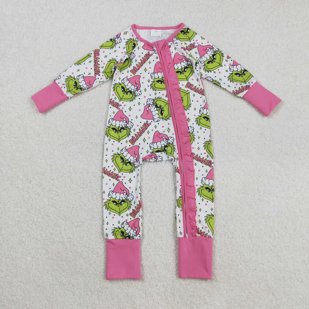 LR2495 Christmas green face dramatic pink zipper long sleeve girls romper