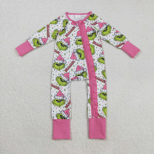 LR2495 Christmas green face dramatic pink zipper long sleeve girls romper