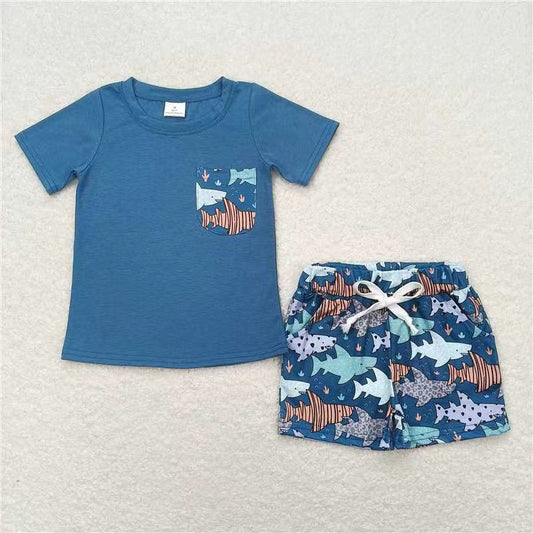 BSSO0830 cartoon cute shark blue pocket short sleeve shorts boys set