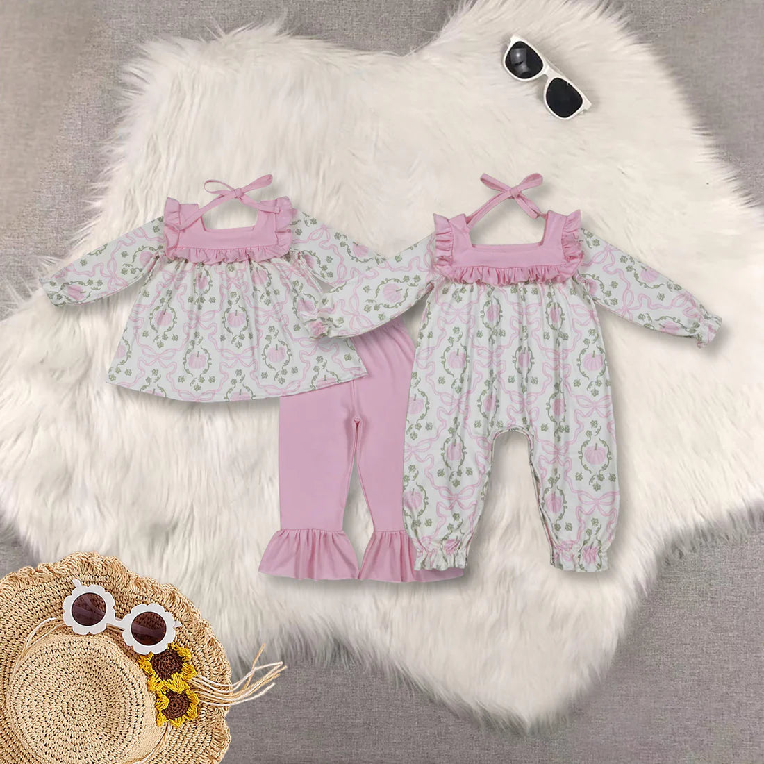 pink flowers bows girls set/romper Sibling Clothes RTS sibling clothes