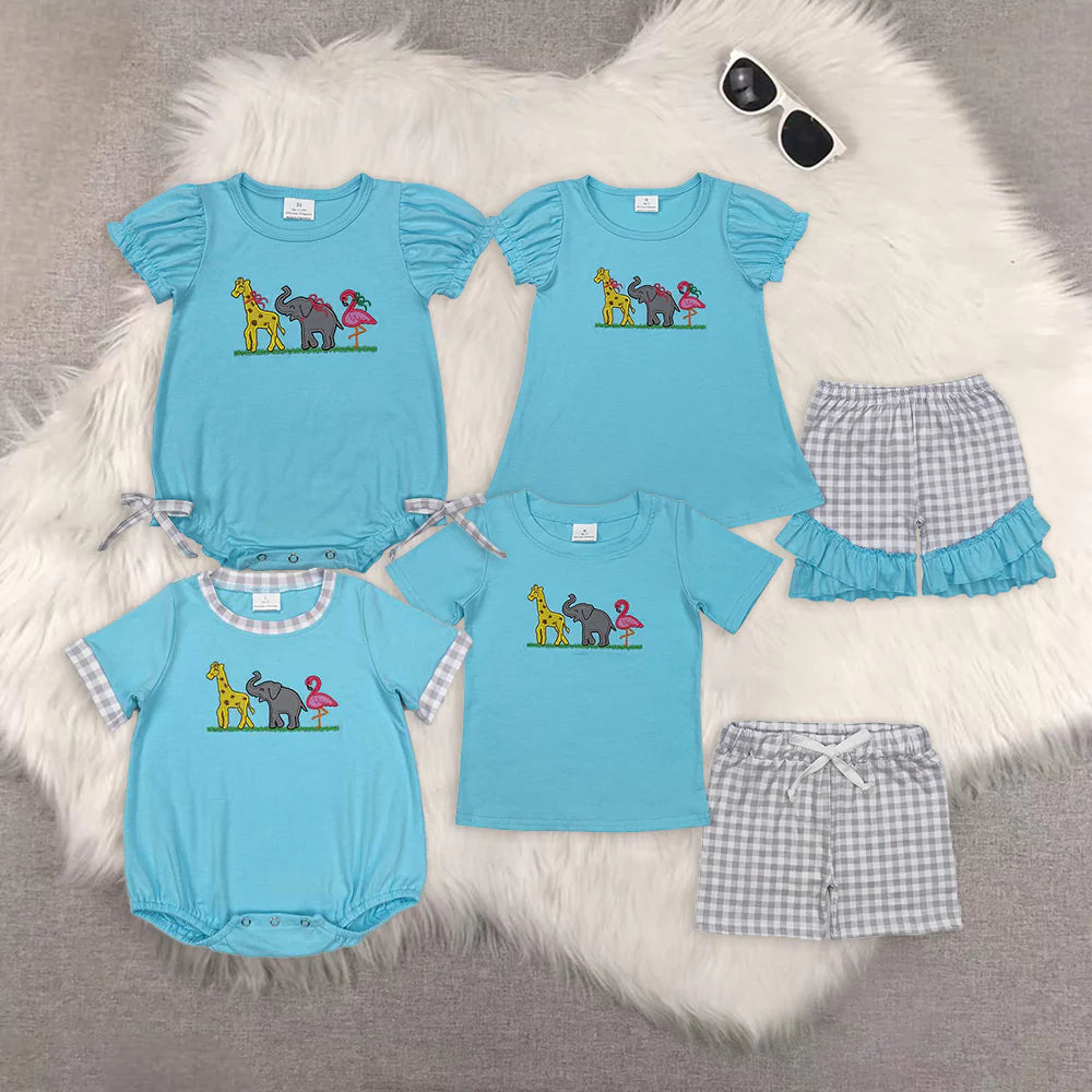Embroidery cartoon elephant flamingo animals RTS Sibling Clothes