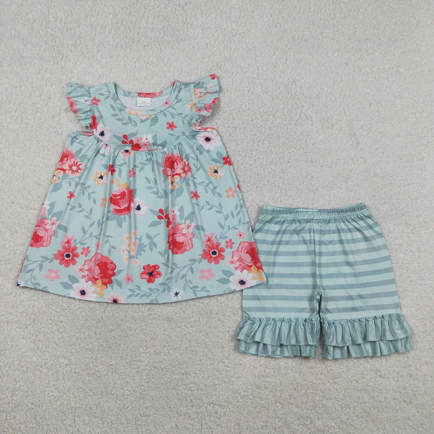 GSSO3748 Flowers Blue Flutter Sleeve Shorts Girls Set