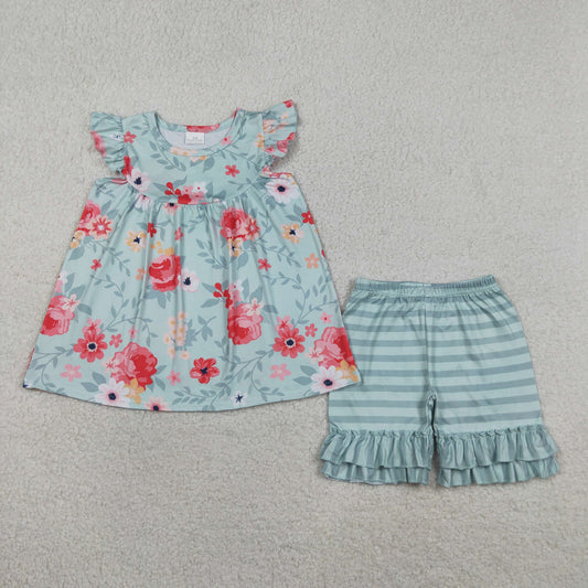 GSSO3748 Flowers Blue Flutter Sleeve Shorts Girls Set