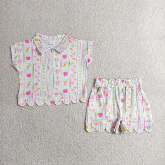 GSSO3582 Scallop Back To School Short Sleeve Shorts Girls Set
