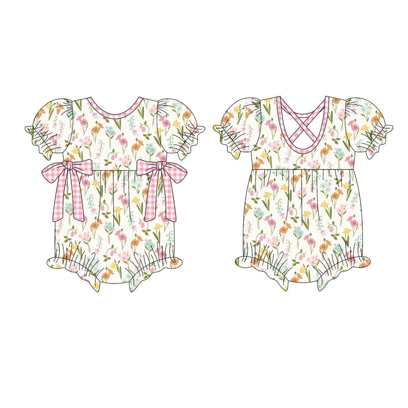 custom moq 5 colorful flowers floral bows short sleeve girls romper