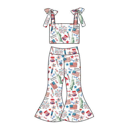 custom (moq 5)Baby Girls 4th Of July Straps Top Bell Pants Clothes Sets