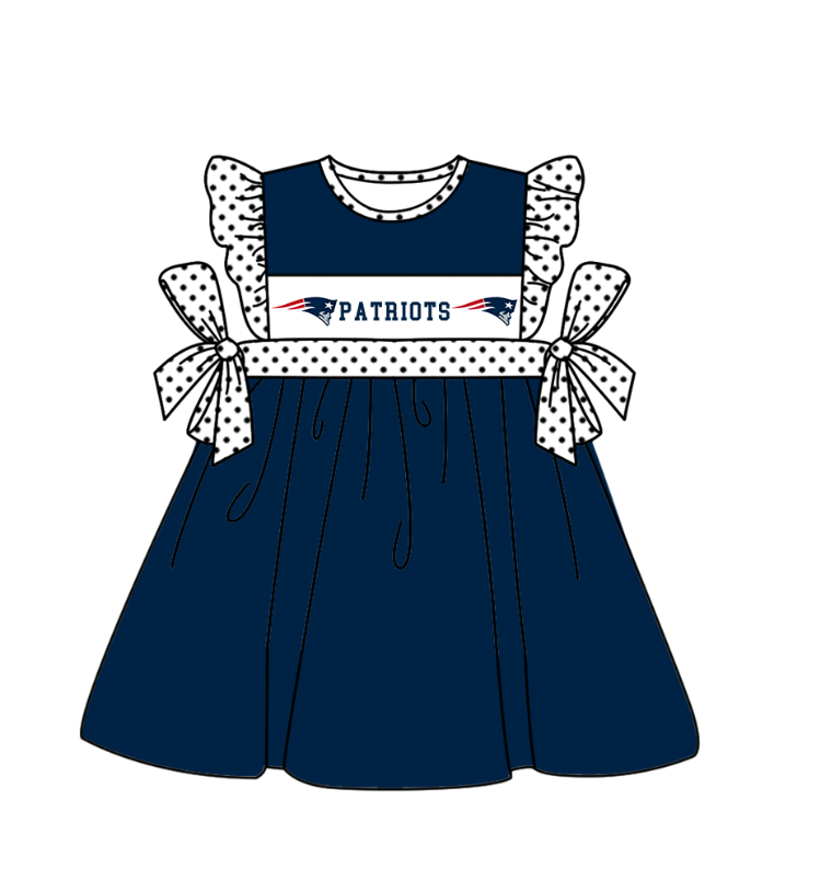 Custom Moq 3 Football Team Patriots Blue Flutter Sleeve Girls Dress