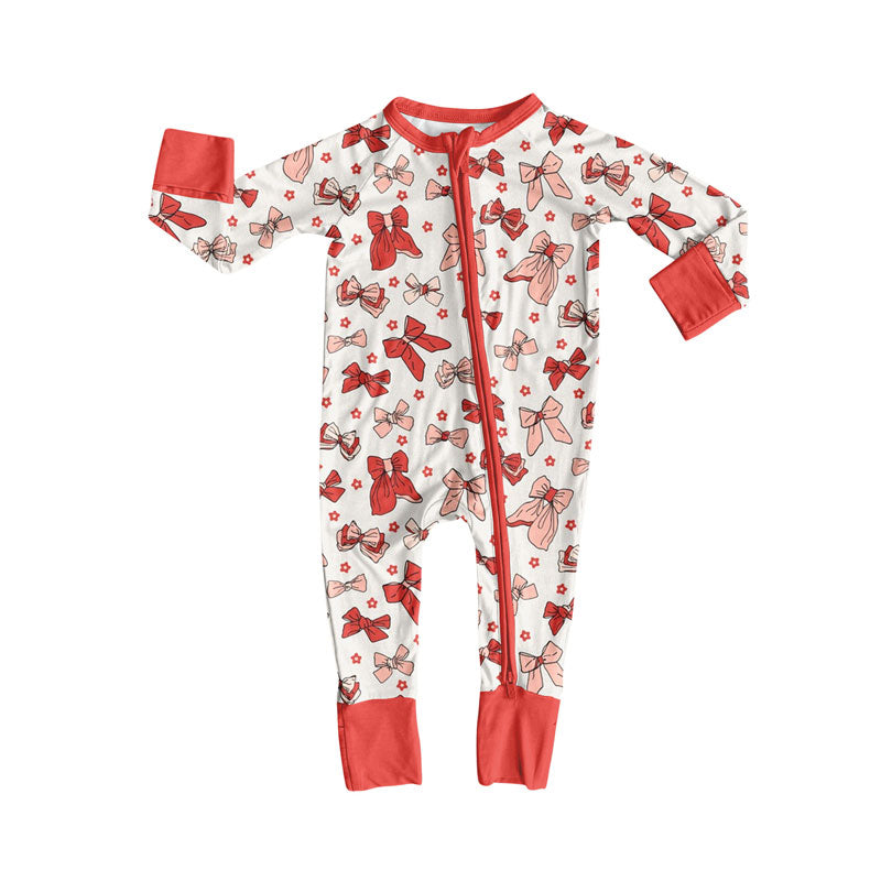 custom moq 5 red bows heart zipper long sleeve girls romper
